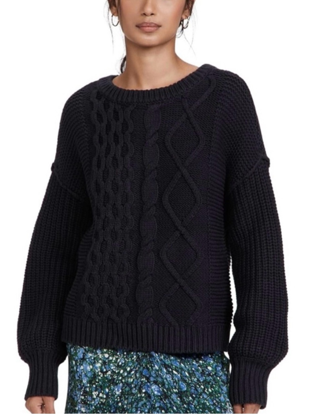 Free People Black Cable Knit Scoop Neck Sweater